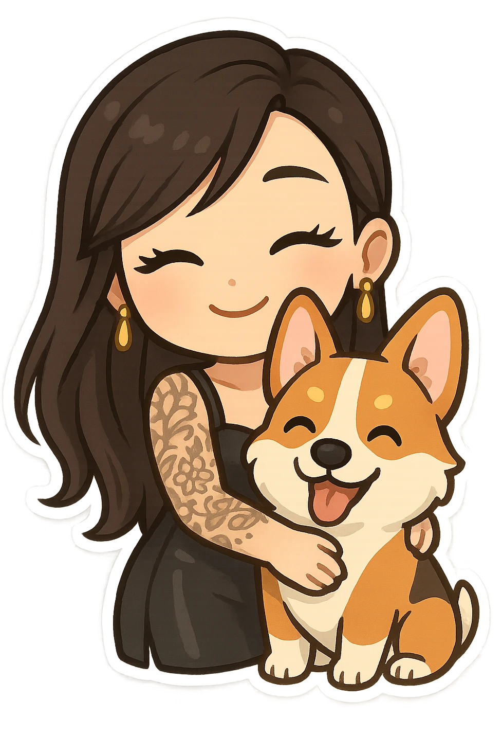 chibi sticker of an Asian girl with long hair and wispy deep side bangs, wearing a black leather dress, gold earrings, false lashes, and a 3/4 sleeve tattoo on her left arm, hugging a happy red head tri-color corgi, simplified, clear, emoji-like emoji