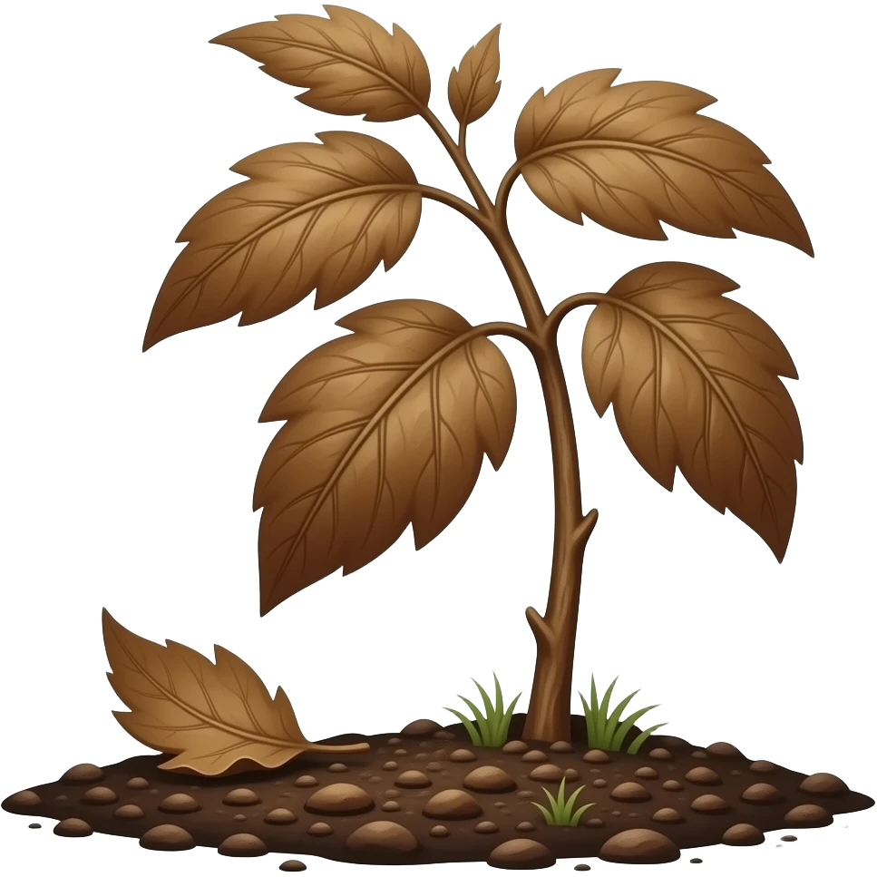 Wilted dead dark brown plant from the ground with leafs hanging and a leaf falling to the ground emoji
