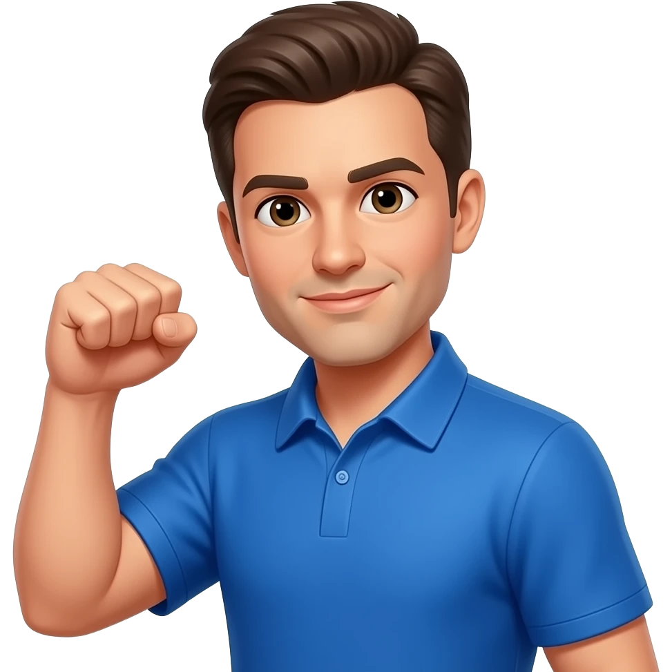 coach in a blue shirt showing a closed fist emoji