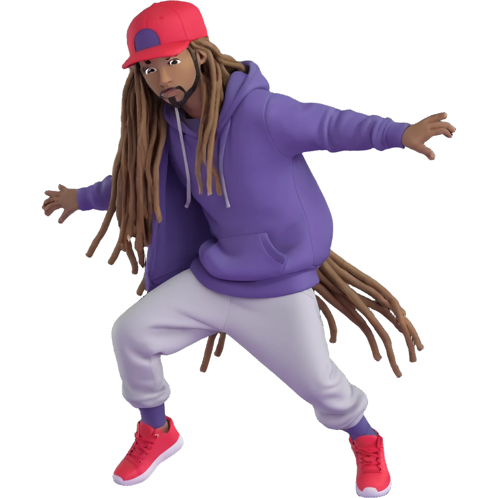 hip-hop artist with dark skin, long dreadlocks, wearing hoodie and cap, energetic pose emoji