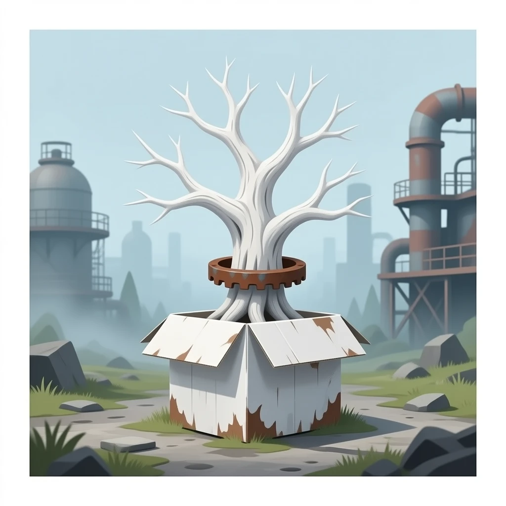 steampunk - white bare old tree grows from a dilapidated white box emoji