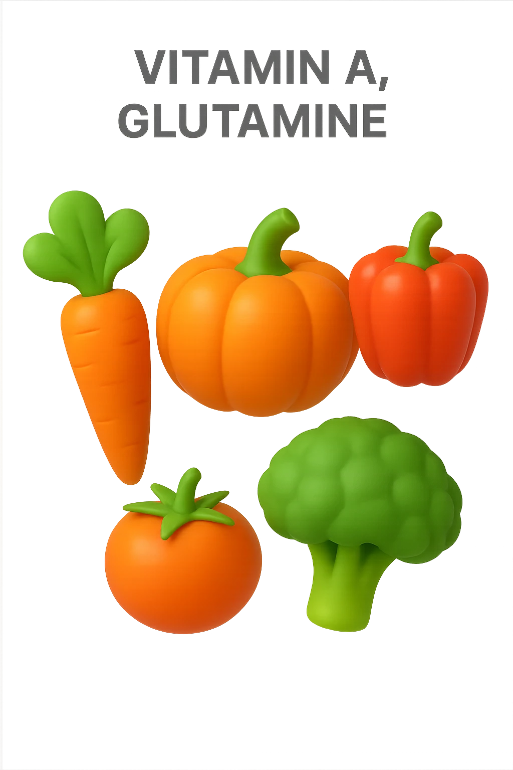 emoji 3d stile iphone di cinque cibi vegetali, vitamina A e glutammina che fluttuano in aria 3d emoji