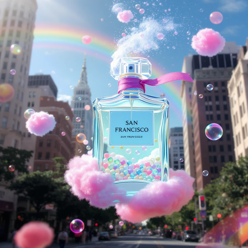 Cinematic still perfume inside bubbles flying around San Francisco downtown, sunny summer day, happy vibe, colorfull surround, rainbow, small cute pink clouds around emoji