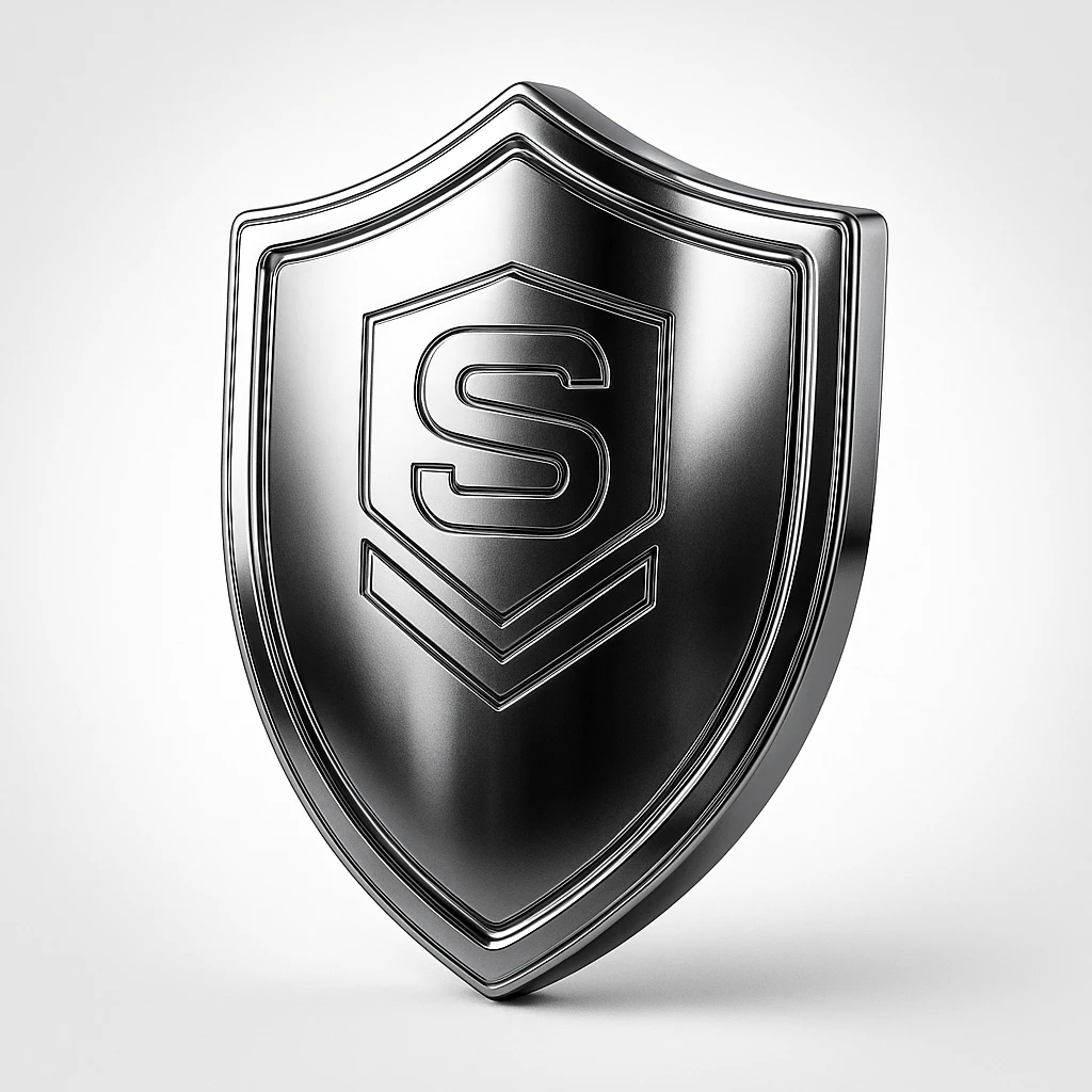 chrome style shield with beveled edges, dark metal, high gloss, sleek emoji