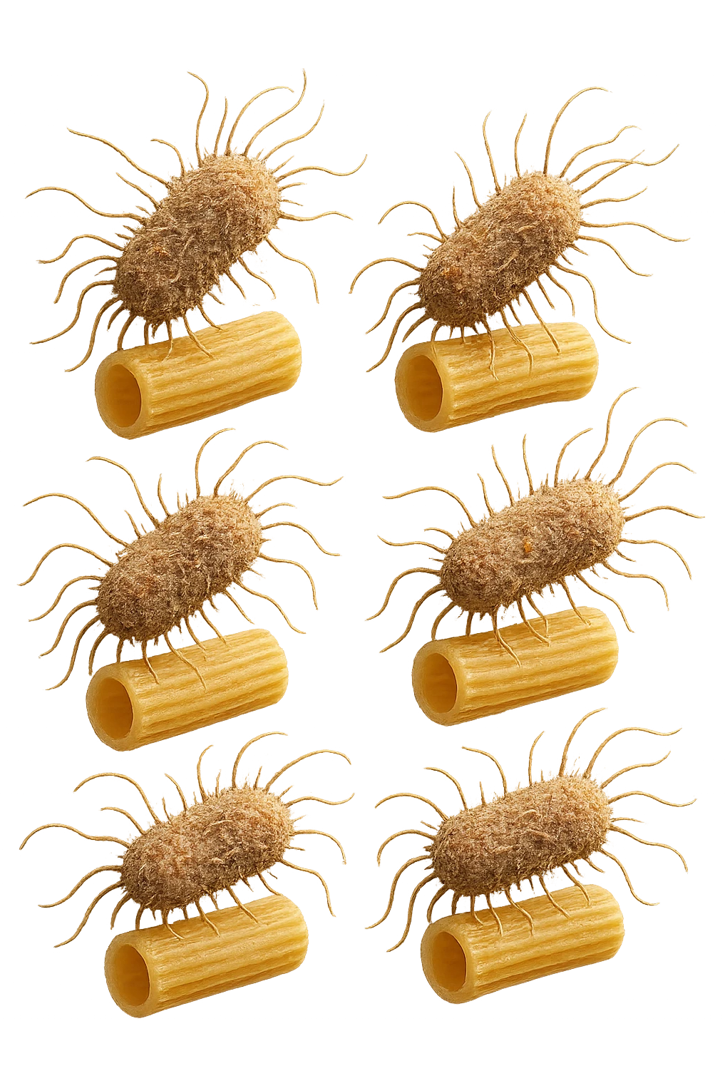 SEI BATTERI intestinALI FLUTTUANO IN ARIA CON PENNE DI PASTA RIGATE, IPERREALISTICO 4K emoji