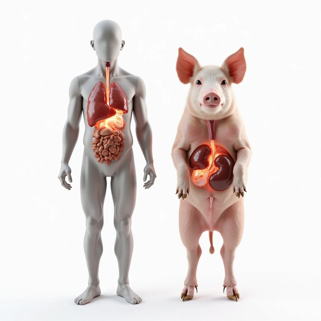 human and pig standing side by side on a white background, transparent overlays showing main internal organs heart lungs liver kidneys thyroid highlighted in both, educational hyperrealistic 4K style emoji
