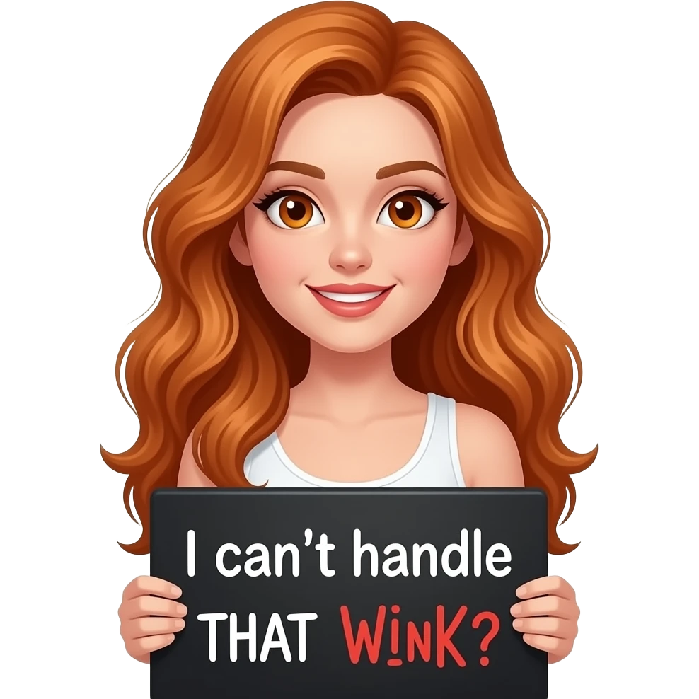 sexy girl with long wavy ginger hair and ginger eyes wearing a white tanktop is holding a black colored sign with I can't handle THAT WINK written on it emoji