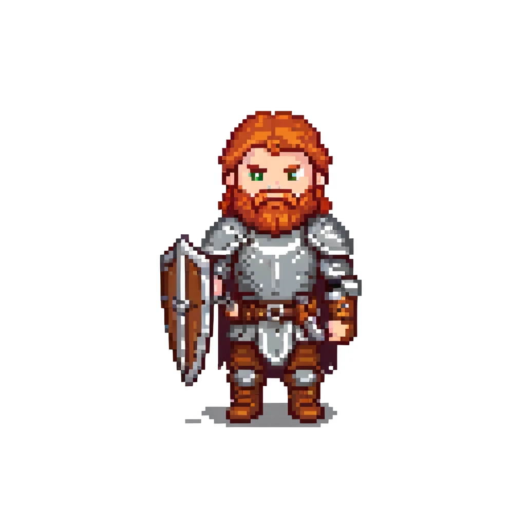 ginger viking with red hair and beard, leather and metal armor, shield and sword emoji