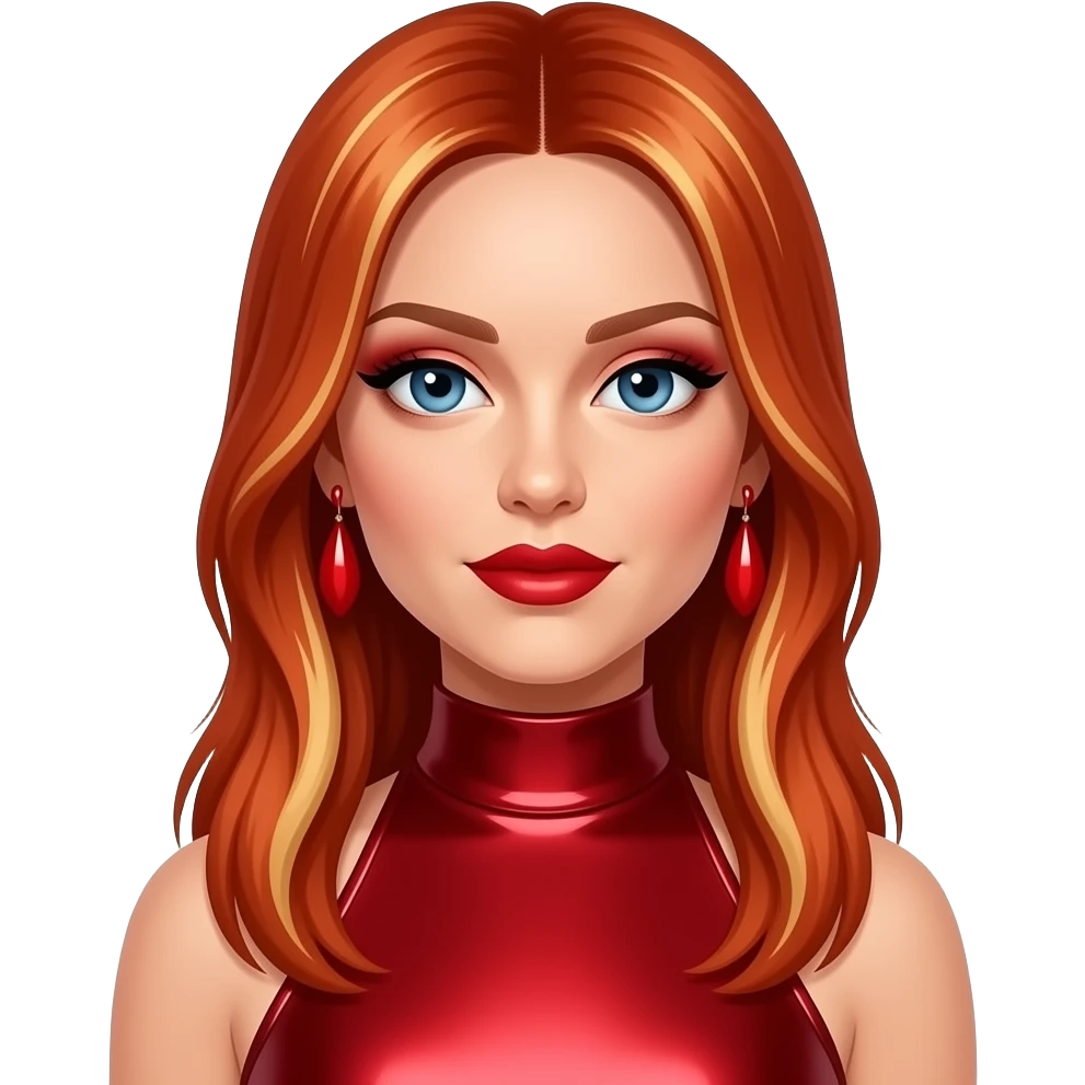 Geri Halliwell from Spice Girls with blue eyes, long straight fiery red hair with blonde highlights, red eyeshadow, red lipstick, red metallic high neck dress, red earrings emoji