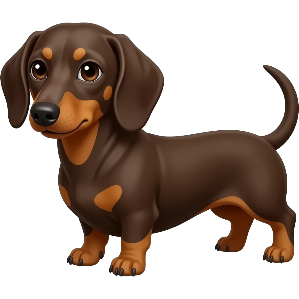 A chocolate and tan dachshund, but with a more dark auburn color and extremely faint looking tan points that blend in a bit;  big dark brown colored eyes and a faded looking dark brown nose emoji