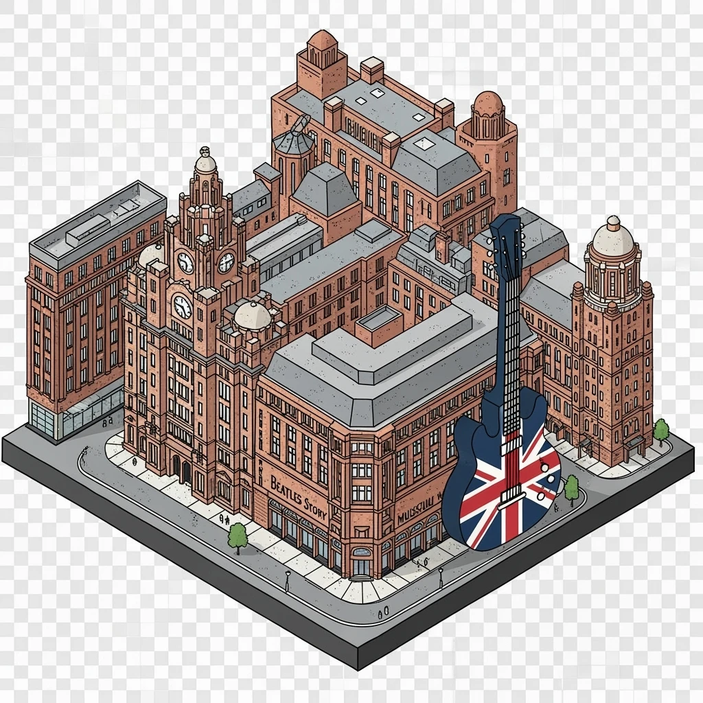Isometric illustration of Liverpool featuring The Beatles Story museum, a Union Jack guitar and brick building in a miniature, slightly hand-drawn style, balanced between stylized and realistic, no cartoonish look, transparent background. emoji