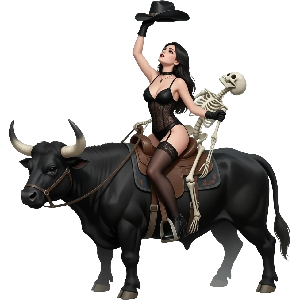 Sexy gothic female with black lingerie holdin a black  cowboy hat up in the air with one arm and holdin onto a skeleton bull with other arm, her head rilted back riding the skeleton bull. Seductive. Realistic. Fantasy emoji