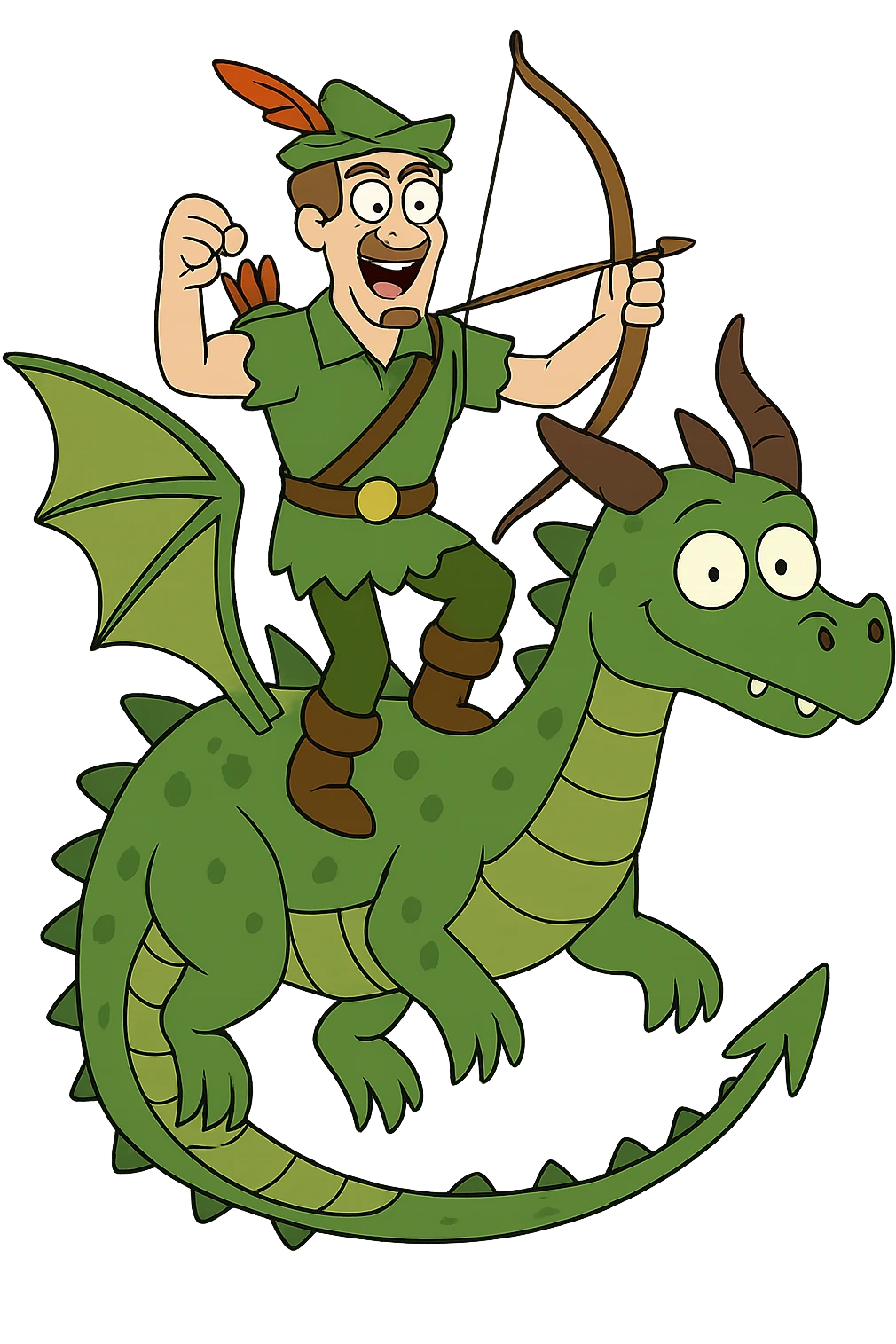 Remove the background, keep Robin Hood riding a dragon with transparent background in a style suitable for editing. emoji