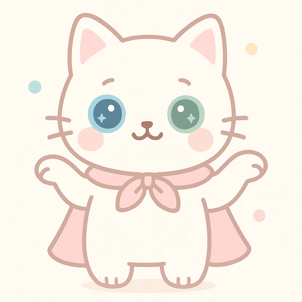 odd-eyed white cat wearing pink cape, shrugging shoulders with playful expression, simple and clean style emoji