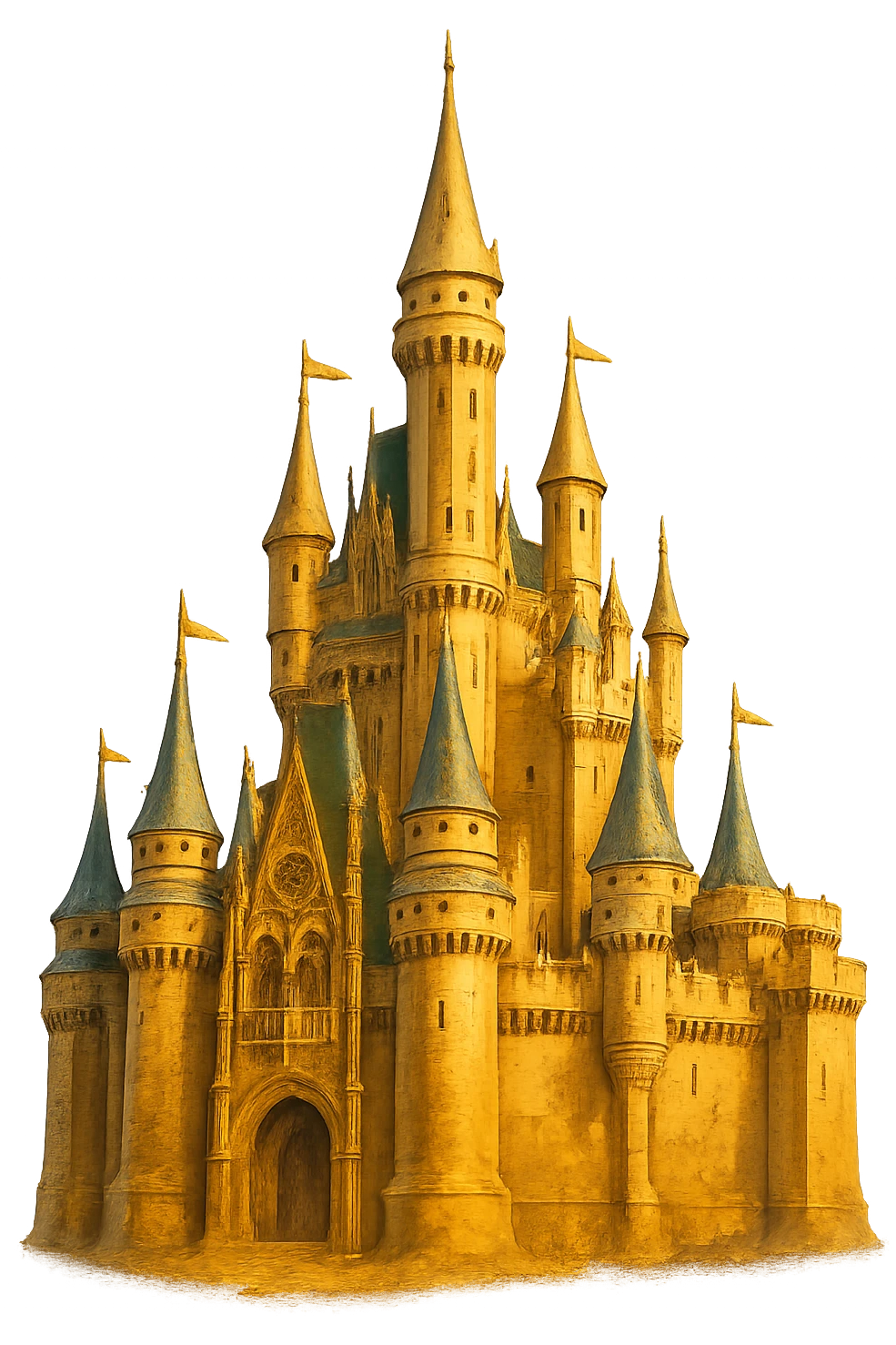 В cлегка рисованной, но при этом объемной и яркой стилистике сгенерируй картинку фотореалистичного золотого замка, прозрачный фон emoji