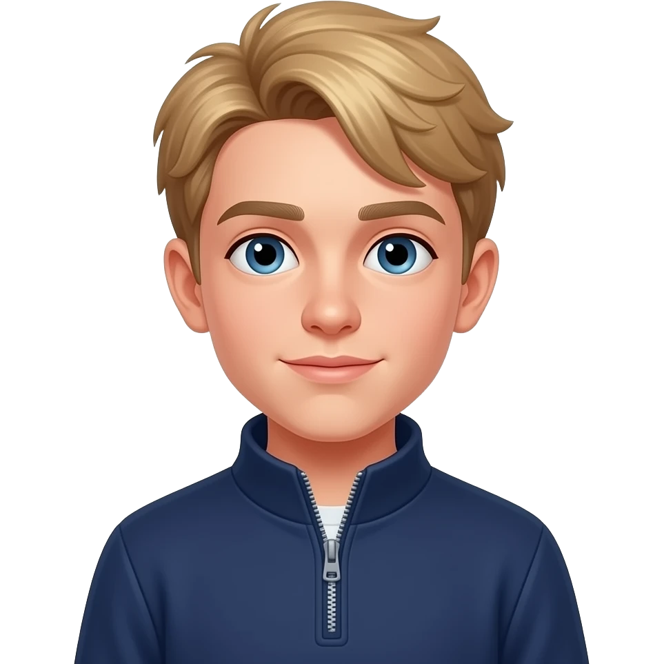 blond 13 year old boy with a quarter zip navy emoji