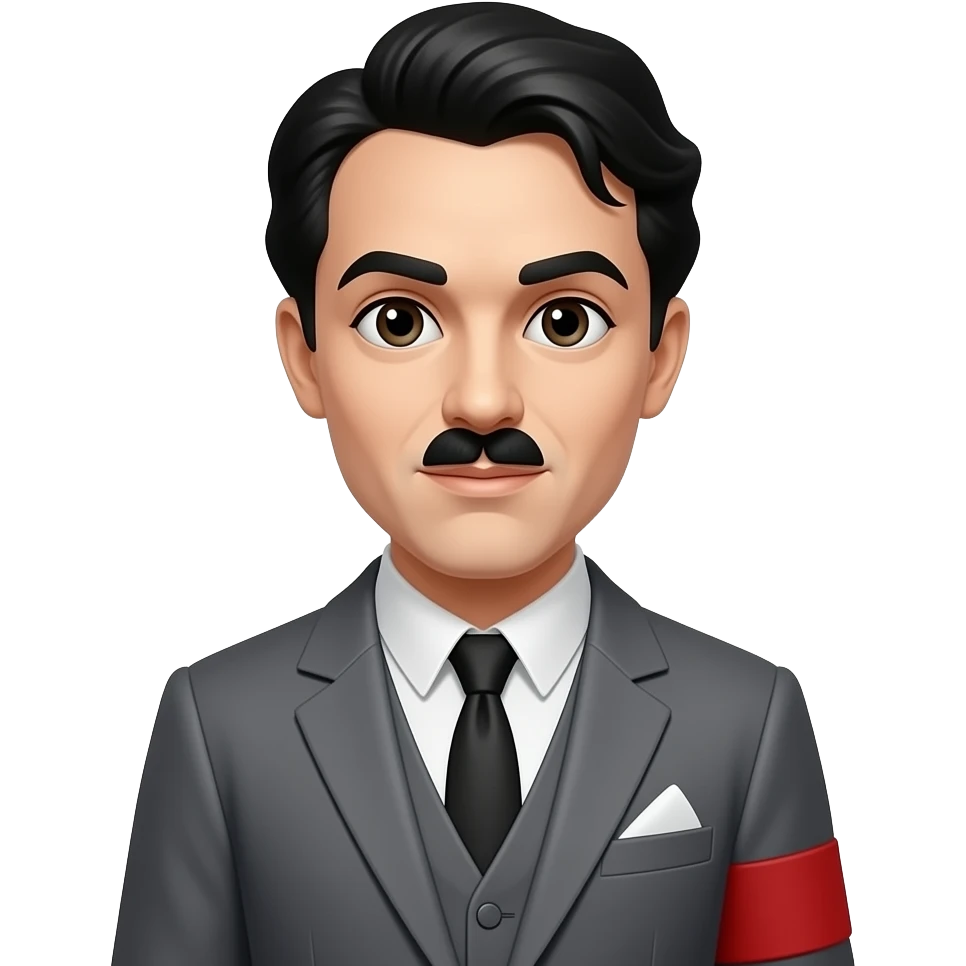A man wearing a gray suit with a red patch on his arm with a Charlie Chaplin mustache and hair over to one side emoji