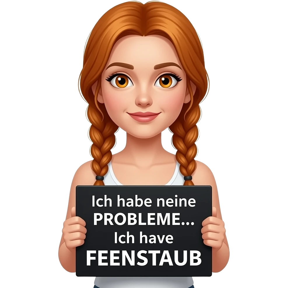 sexy girl with long ginger braids and ginger eyes wearing a white tanktop holds a black sign with Ich habe keine PROBLEME... Ich habe FEENSTAUB written on it emoji