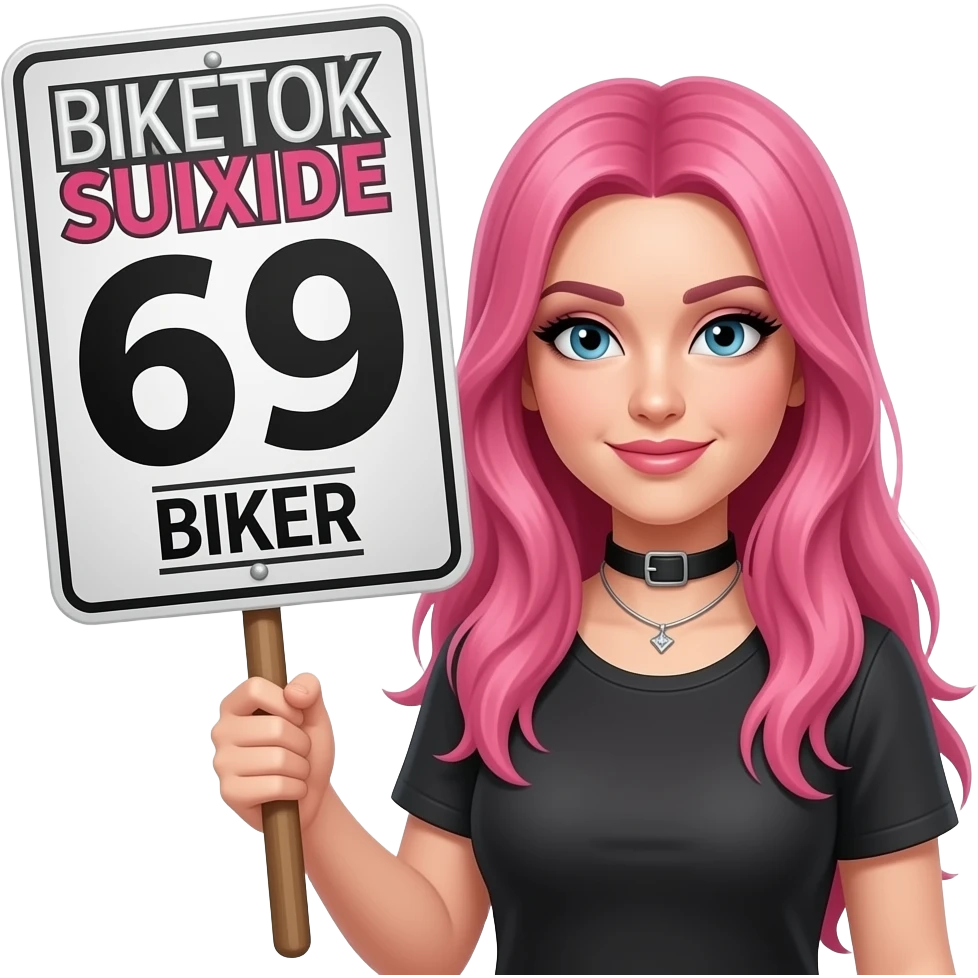 sexy girl with long pink hair holding a BIKETOK SUIXIDE 69 BIKER sign emoji