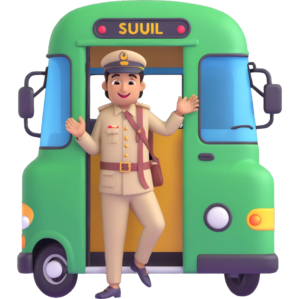 Pakistani bus conductor calling out for passengers, traditional attire, holding onto bus door, lively expression, South Asian features, simple background emoji