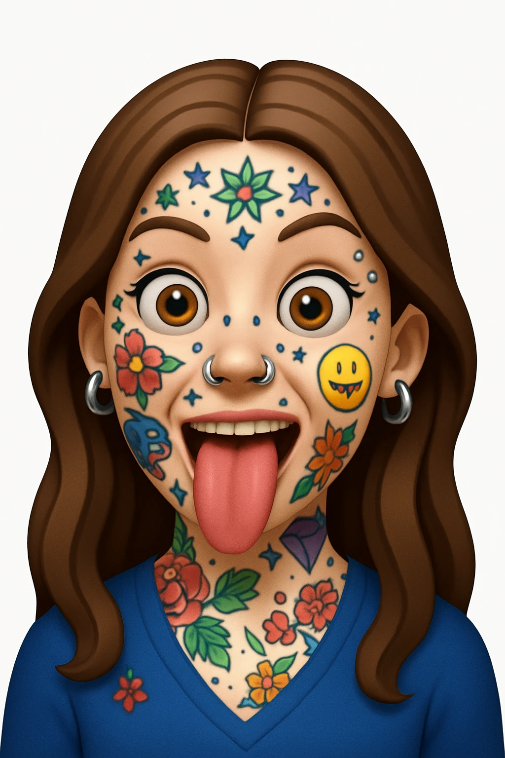 A 3D emoji in iOS emoji aesthetic style of a wild expressive person with colorful tattoos, multiple facial piercings, sticking out their tongue and making a funny face, glossy Apple-style design, clean white background, vibrant and bold look. emoji