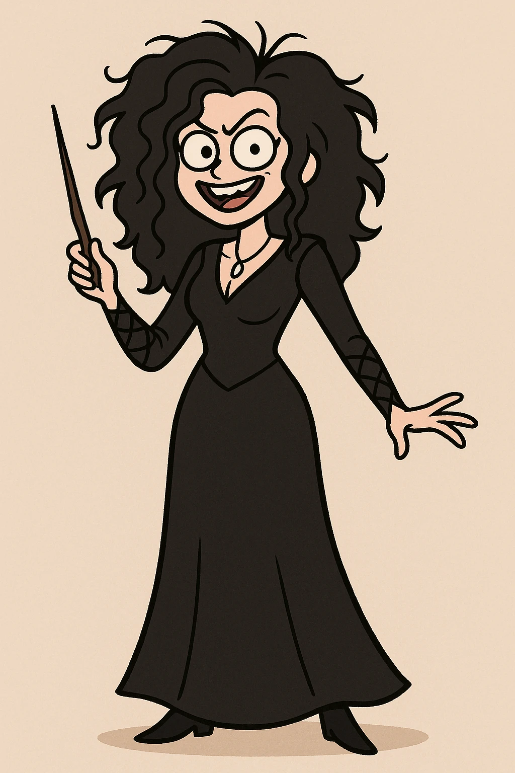 full body illustration of Bellatrix Lestrange in cute, cartoon, simplified style with bold black lines and soft colors, messy black hair, crazy expression, wearing long black dress emoji