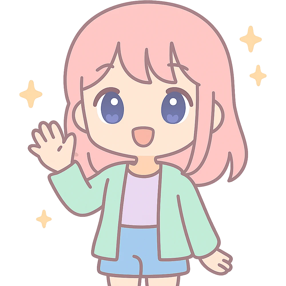 anime girl waving, casual clothes, playful, sparkles emoji