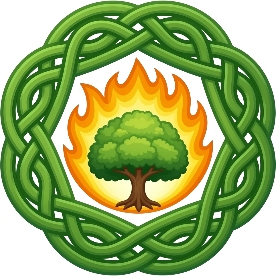 emblem with green celtic knot with tree of life and fire emoji