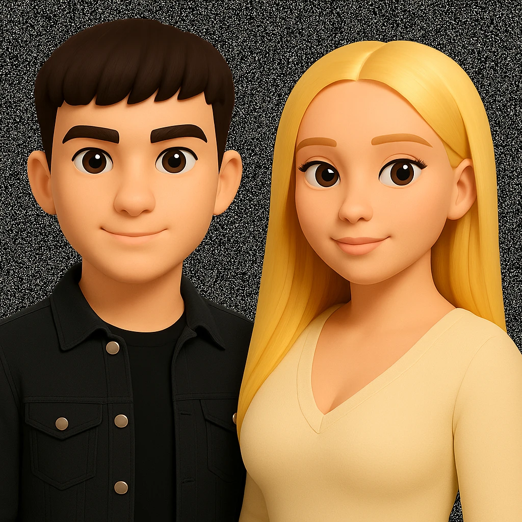 Slightly increase the volume of the upper body of the girl, separate the girl and the boy from each other, and make the skin color the same for both characters. Maintain the cartoonish 3D style as in the reference image. emoji