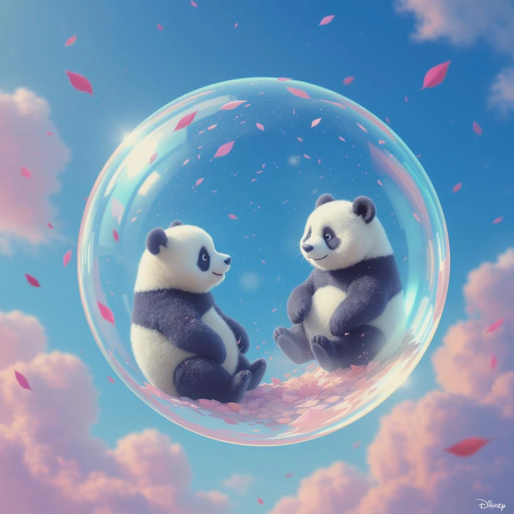 Realistic, Minimalistic Cinematic still of pandas bears sitting inside flying bubbles, blue sky filling background , pink clouds, pink leafs falling around, disney style emoji