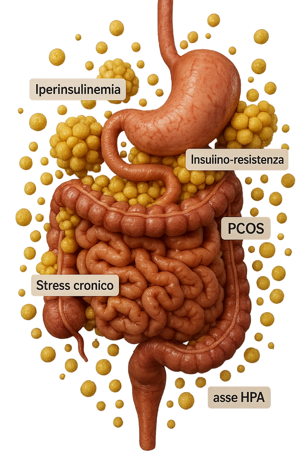 STOMACO E INTESTINO SONO VERTICALMENTE COLLEGATI E INTORNO A QUESTI ORGANI CI SONO CELLULE DI GRASSO GIALLE ATTACCATE SOPRA A GRAPPOLI, intorno fluttuano cellule di grasso giallo e alcune targhette con queste parole "Iperinsulinemia", "insulino-resistenza", "PCOS", "Stress cronico", "asse HPA", FALLO REALISTICO, NON DISEGNATO, IPERREALISTICO 4K emoji
