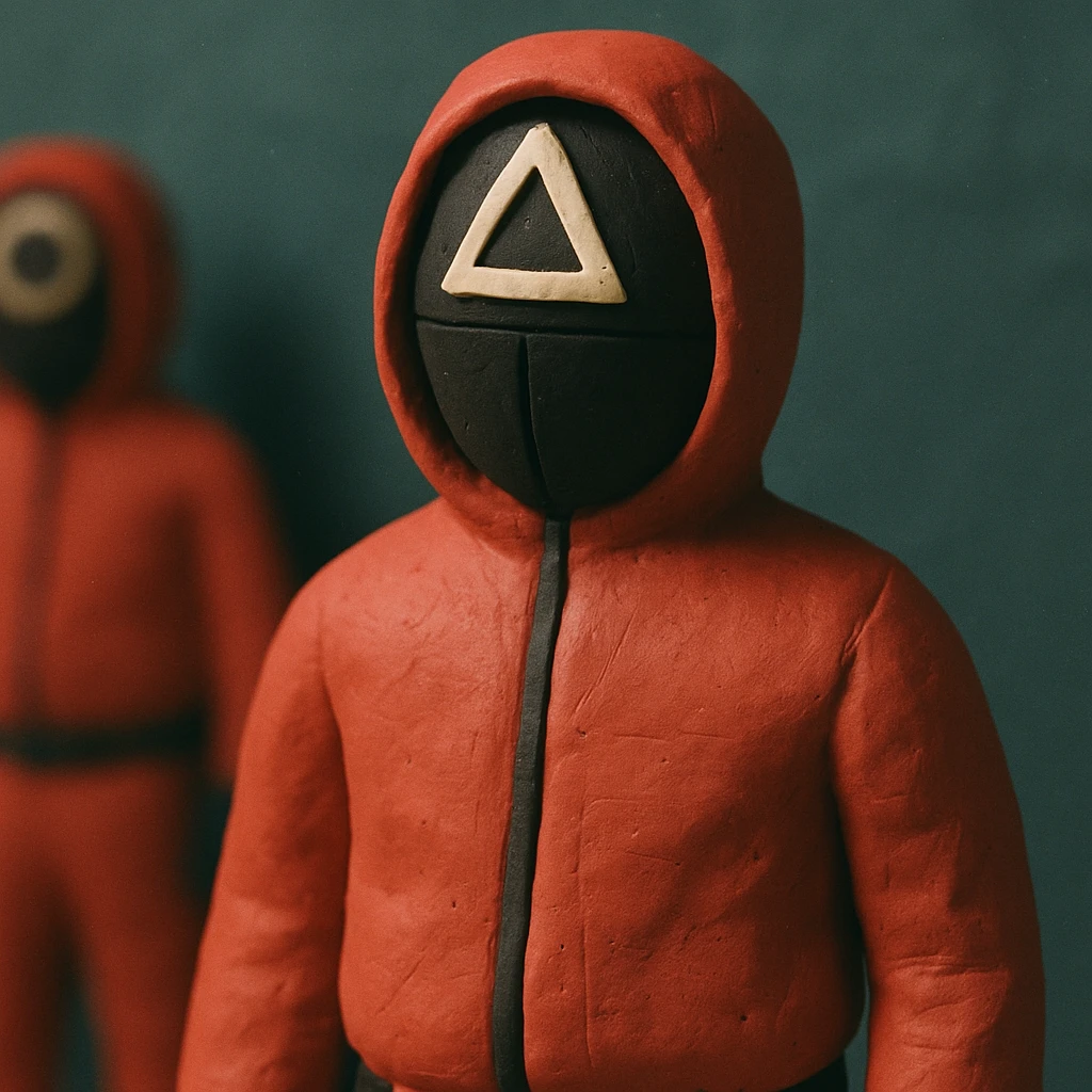 squid game guard with triangle mask, claymation style emoji