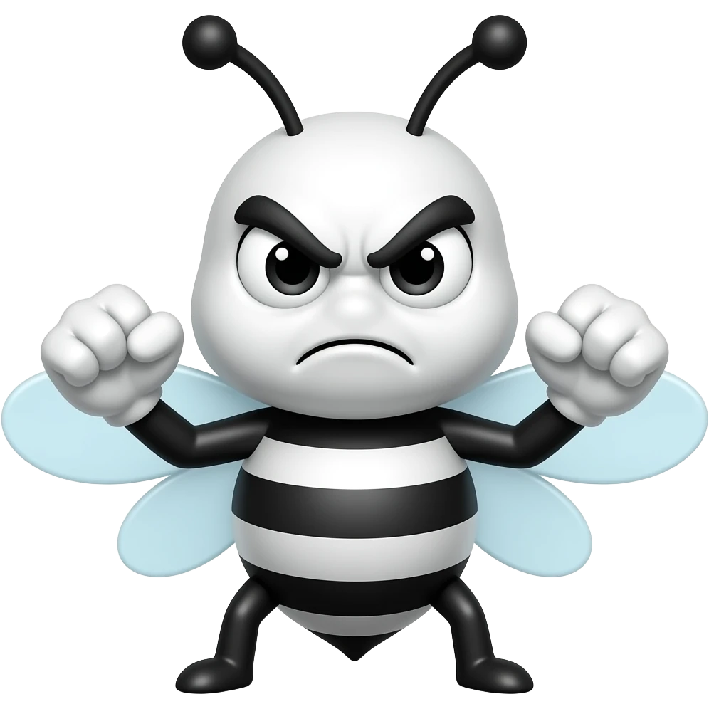angry bee emoji, black and white cartoon bee, thick bold outlines, white body with black stripes, big round eyes with angry eyebrows, clenched fists, transparent background, flat style, simple shapes emoji