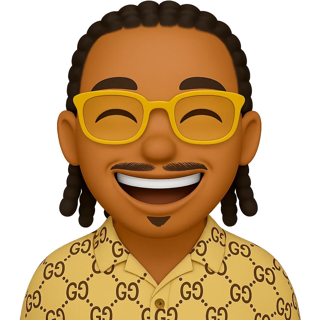 Transform the character into the style of the emoji 'Joy' with a big bright smile, eyes squinting happily, very joyful expression. Keep the face thin, beard only on the chin, mustache above the upper lip, no hair under the lower lip. Add yellow glasses, braided hair, beige patterned shirt. Transparent background. emoji