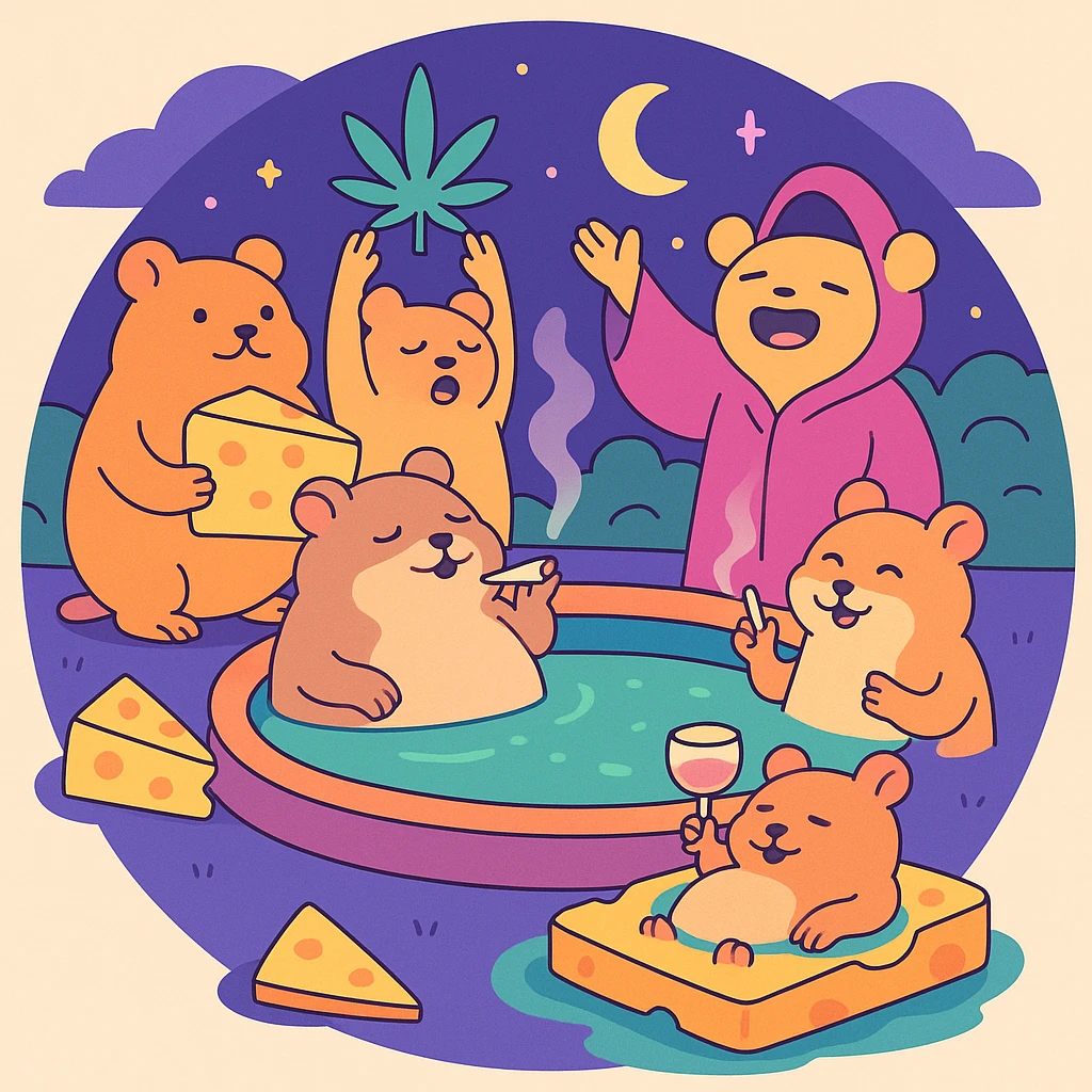 Discord server icon, circular, centered composition of a hamster cult weed and cheese pool party at night, vibrant and dreamy, pastel toon style emoji