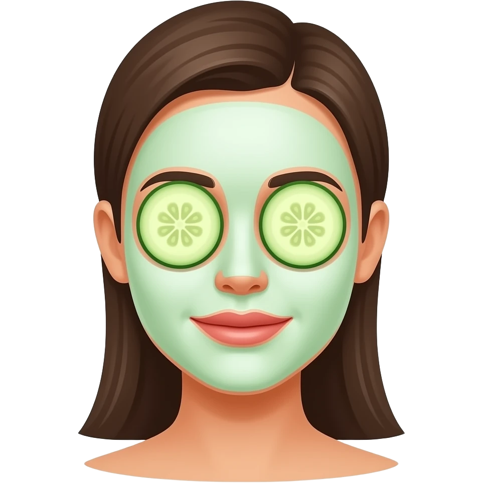Skin care emoji, cucumber slice on both eyes, mask pack on face, woman face emoji