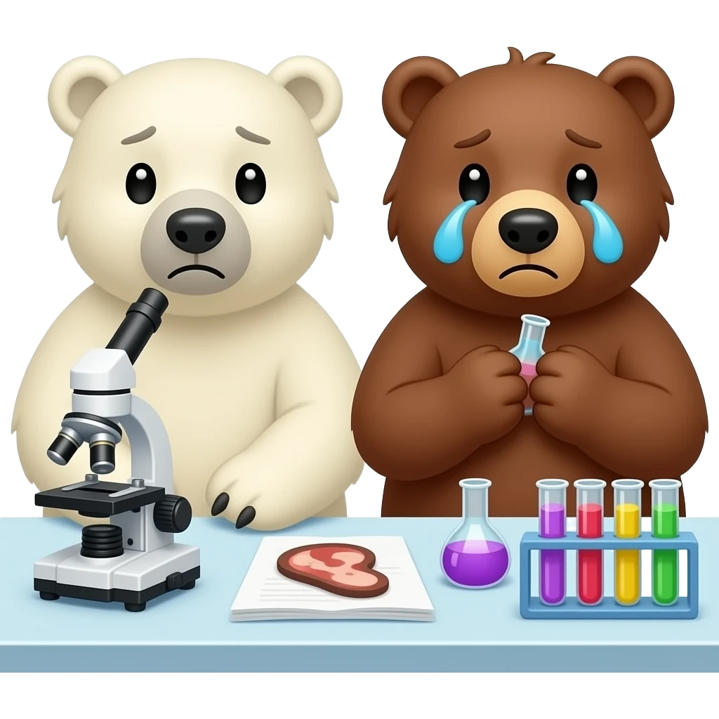 one polar bear and one grizzy crying while unitedly doing research in pathology emoji