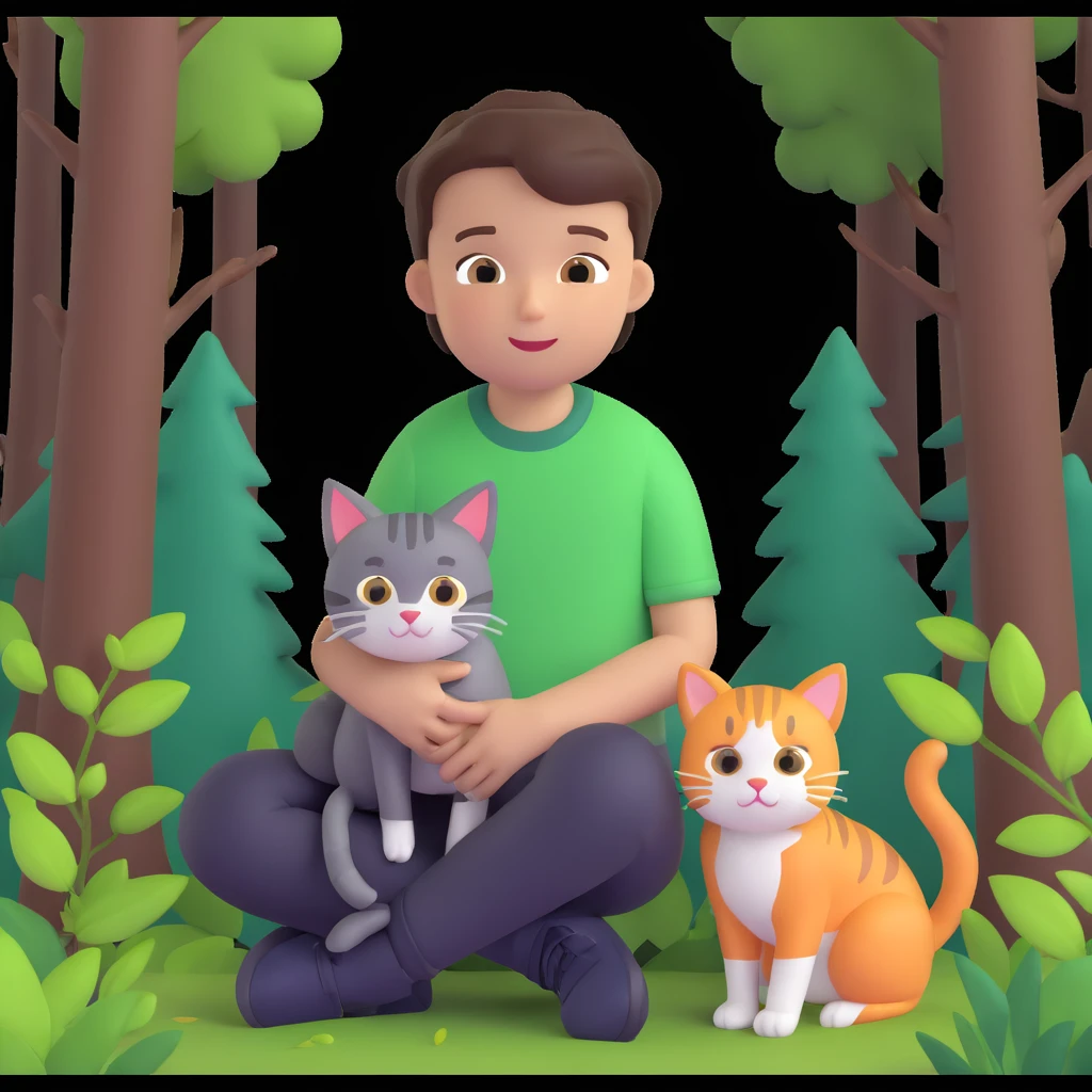 boy and cat pet in forrest background, close up pose emoji