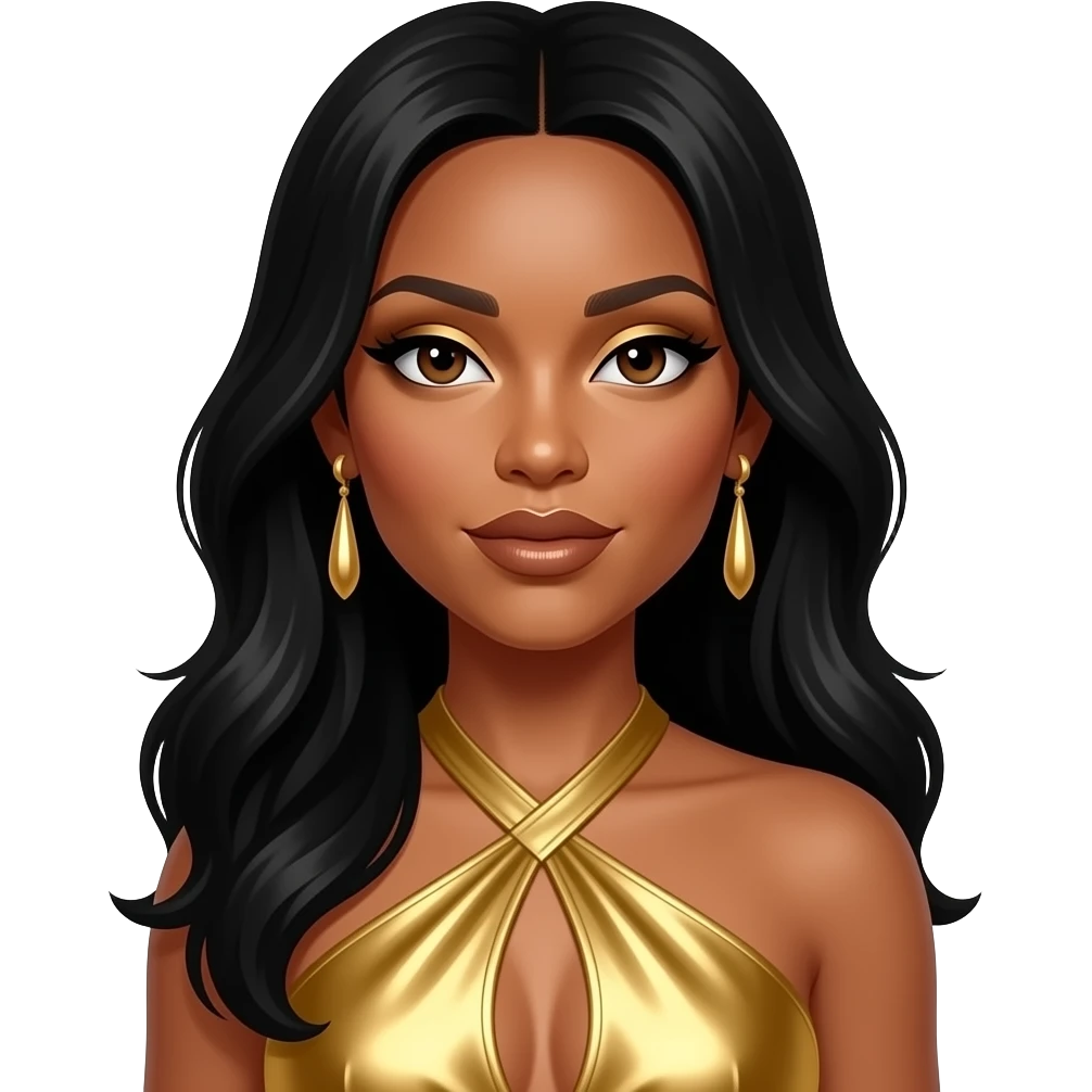 Tenitra Michelle Williams from Destiny's Child with dark brown eyes, long black hair, gold eyeshadow, bronze lipstick, gold metallic halter dress, gold earrings emoji
