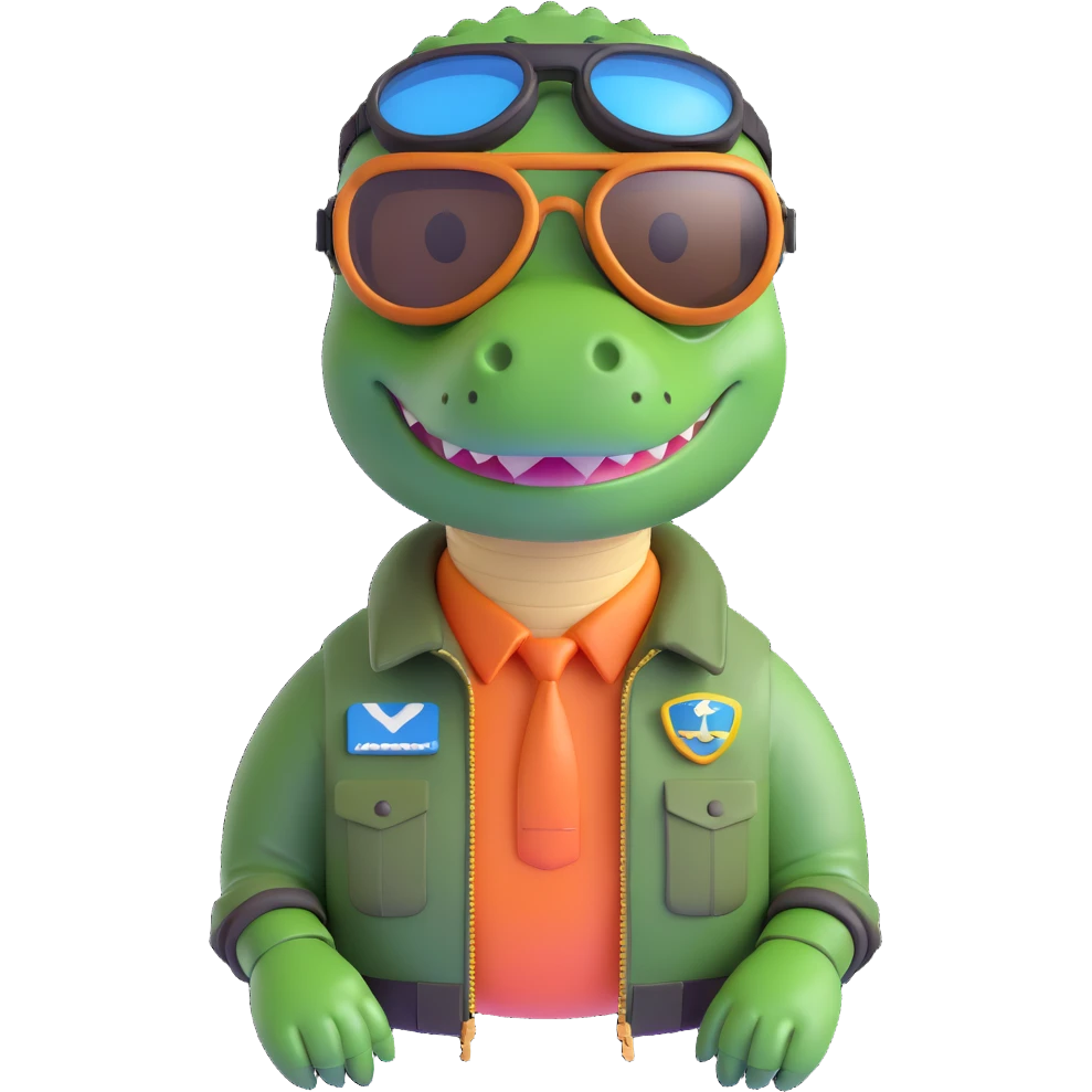 3D rendered crocodile emoji dressed as a bomber pilot, shiny goggles, confident pose emoji