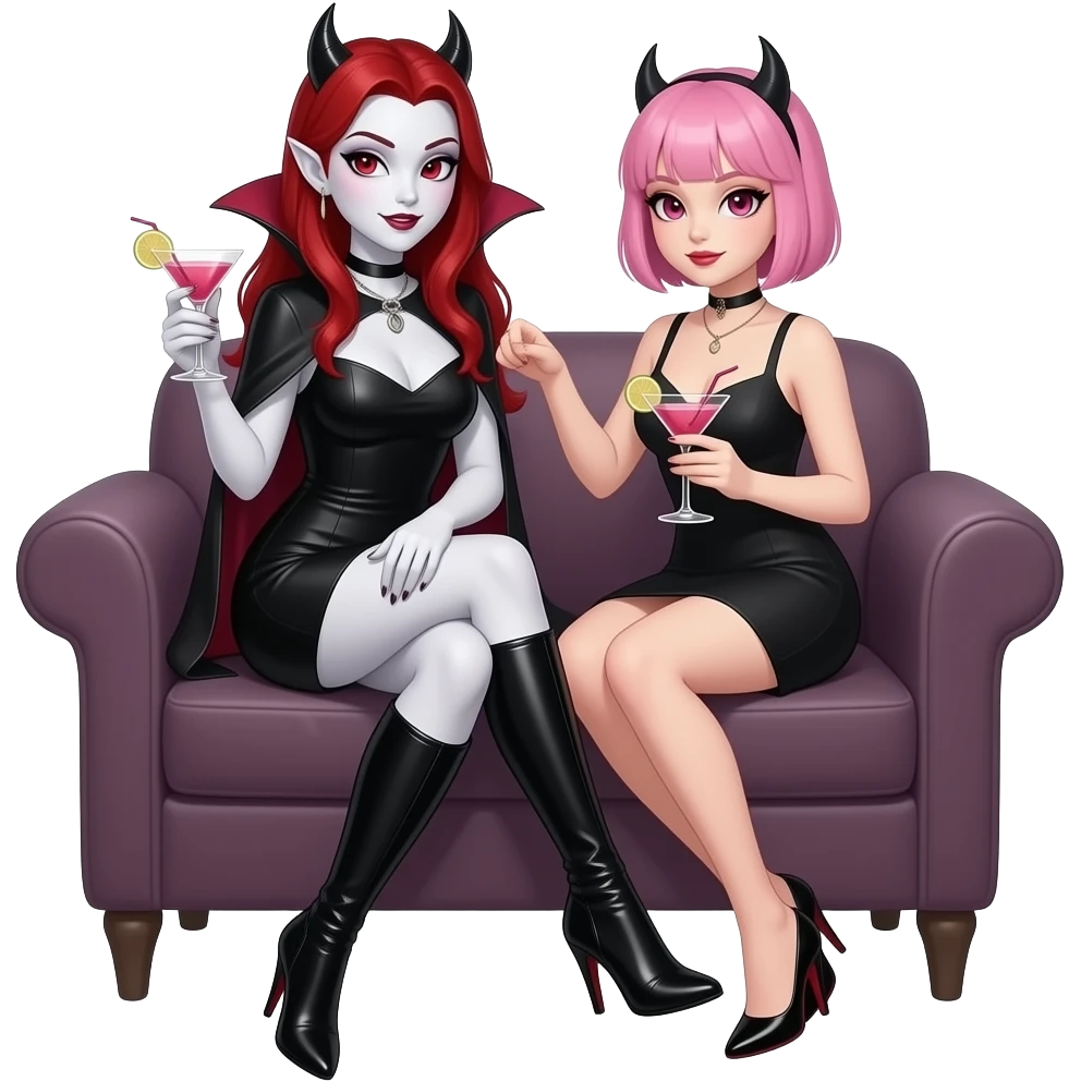 Vampiro femmina con pelle bianca e capelli rossi indossa un vestito corto nero e degli stivali lunghi con tacco neri e prende un cocktail insieme alla sua amica VAMPIRO che prende un cocktail con i capelli corti rosa e la frangia che indossa un vestito corto nero e la pelle bianca e sono seduti emoji