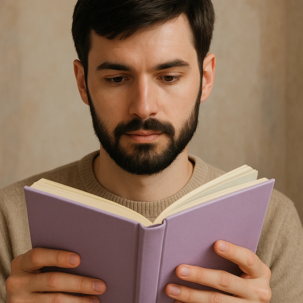 a white young man with a black beard, straight hair, and brown eyes reading a lilac-colored book, visually appealing style emoji