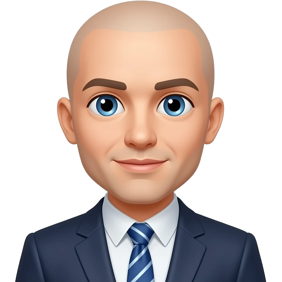 totally bald person with blue eyes and a suit and tie with a cute face emoji