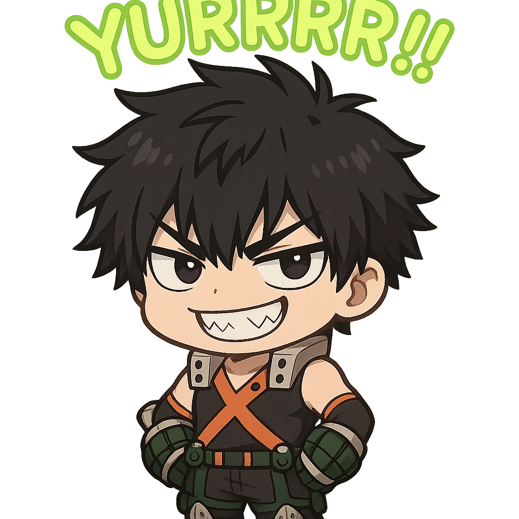Create a chibi style illustration of Bakugou Katsuki with black hair and a mischievous toothy grin. Include the word 'Yurrrr!!' in neon lime green text above him. The background should be transparent. emoji
