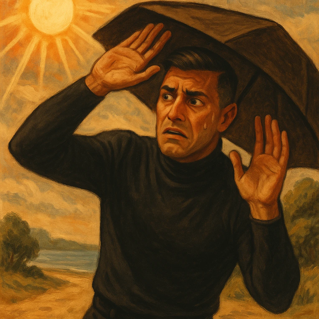 Create a symbolic, semi-realistic outdoor scene (beach or park) featuring a man with expressive, worried body language. The man is raising his hands or using an umbrella or large hat to block natural, warm sunlight. He looks uncomfortable or fearful, as if trying to protect himself from the sun. Use muted colors and an expressive, semi-realistic style symbolizing misunderstanding about sunlight and health. Use the reference image for facial features and general appearance. emoji