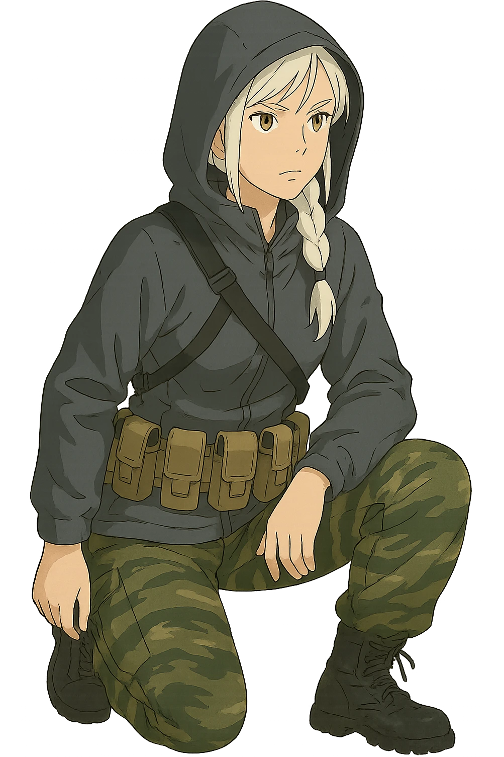 1 female, mid-20's  white hair long braid, gold yellow eyes, gray waterproof tactical shirt hoodie, hood up, single point sling, tan mag pouches on belt rig, tiger stripe camo pants, kneeling, stern focused expression emoji