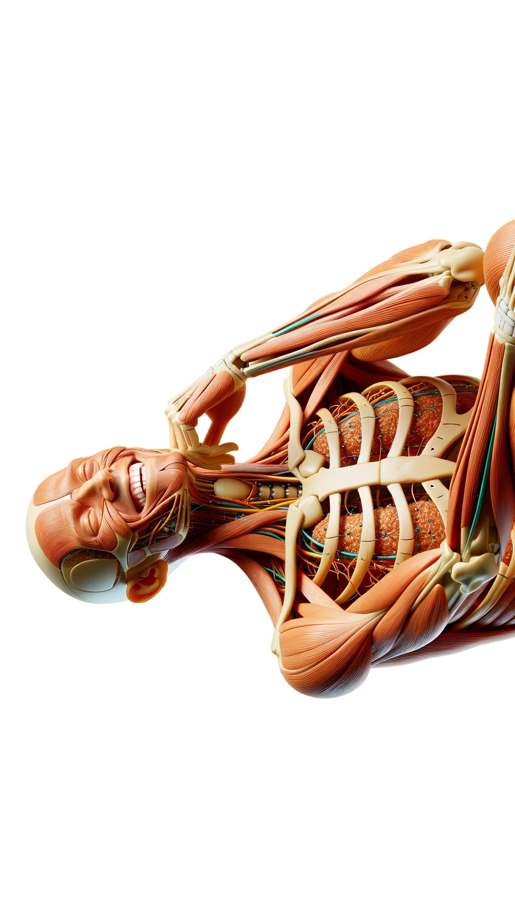 corpo umano anatomico a figura intera che sorride rilassato, iperrealistico 4k, isolato su sfondo bianco emoji