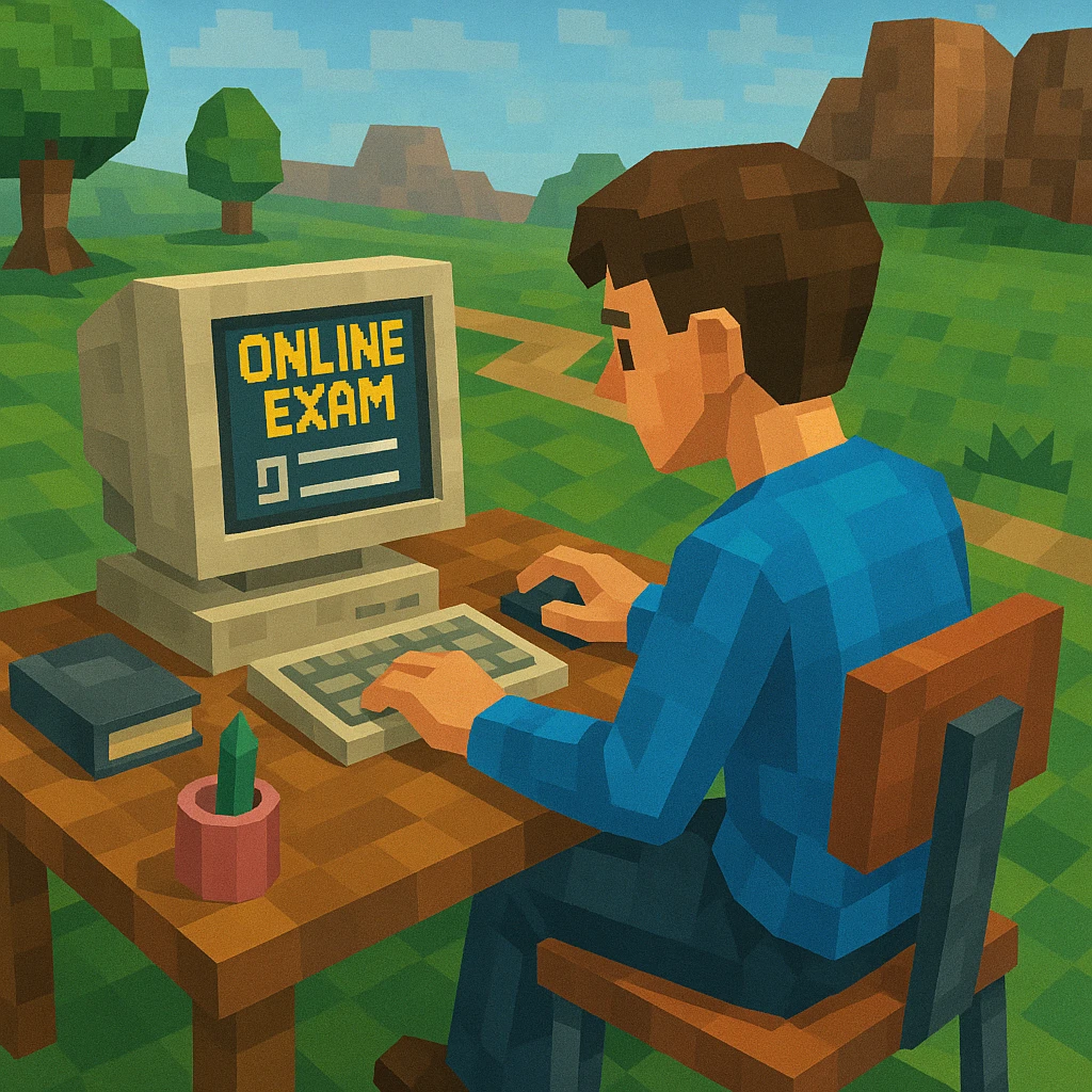 student sitting at a table, using a computer for an online exam, with a chair, table, and study items, high-resolution, realistic 3D style emoji