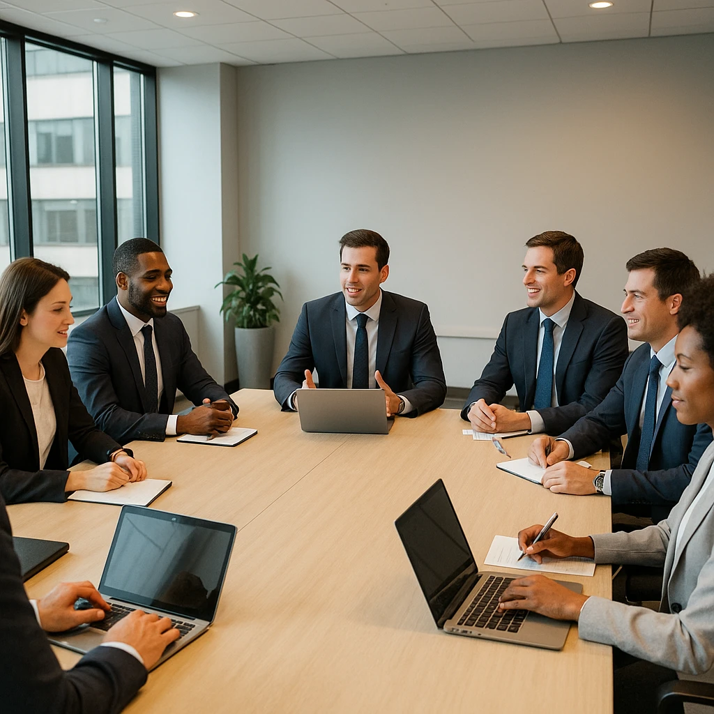 conference room with people around a table, business setting, professional environment, collaborative atmosphere emoji
