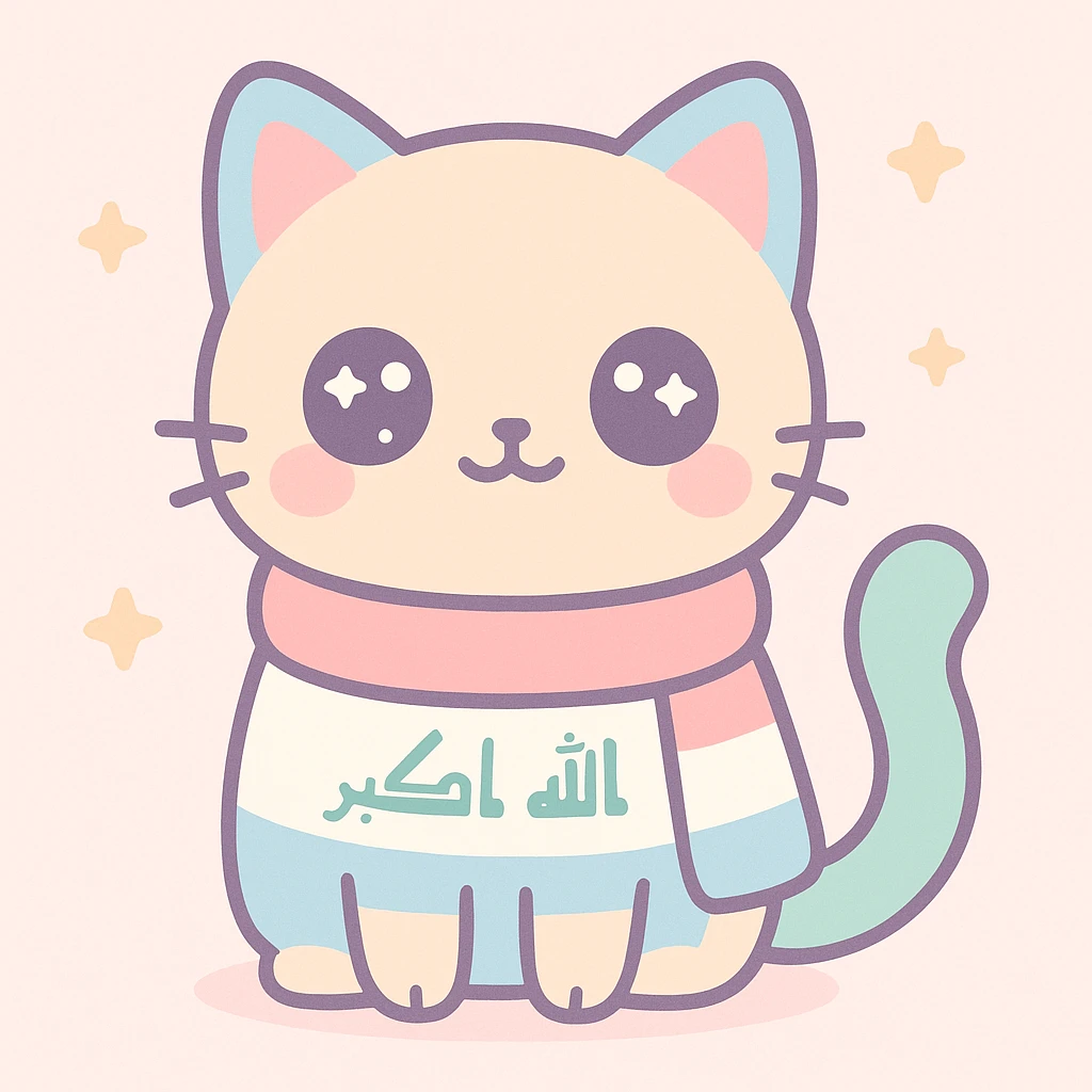 cat wearing a scarf patterned with the Iraq flag, friendly expression, cute and warm emoji